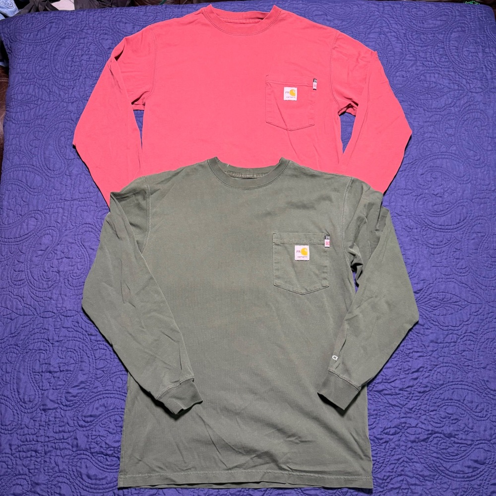 Lot of 2 Carhartt FR Force Long Sleeve Pocket T-Shirts Mens Small Red Green CAT2